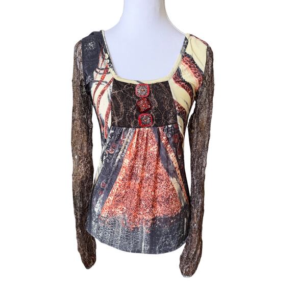 Save the Queen Tops - Save The Queen Long Sleeve Mesh Lace Patchwork Top Y2K Italian Boho Size S/M